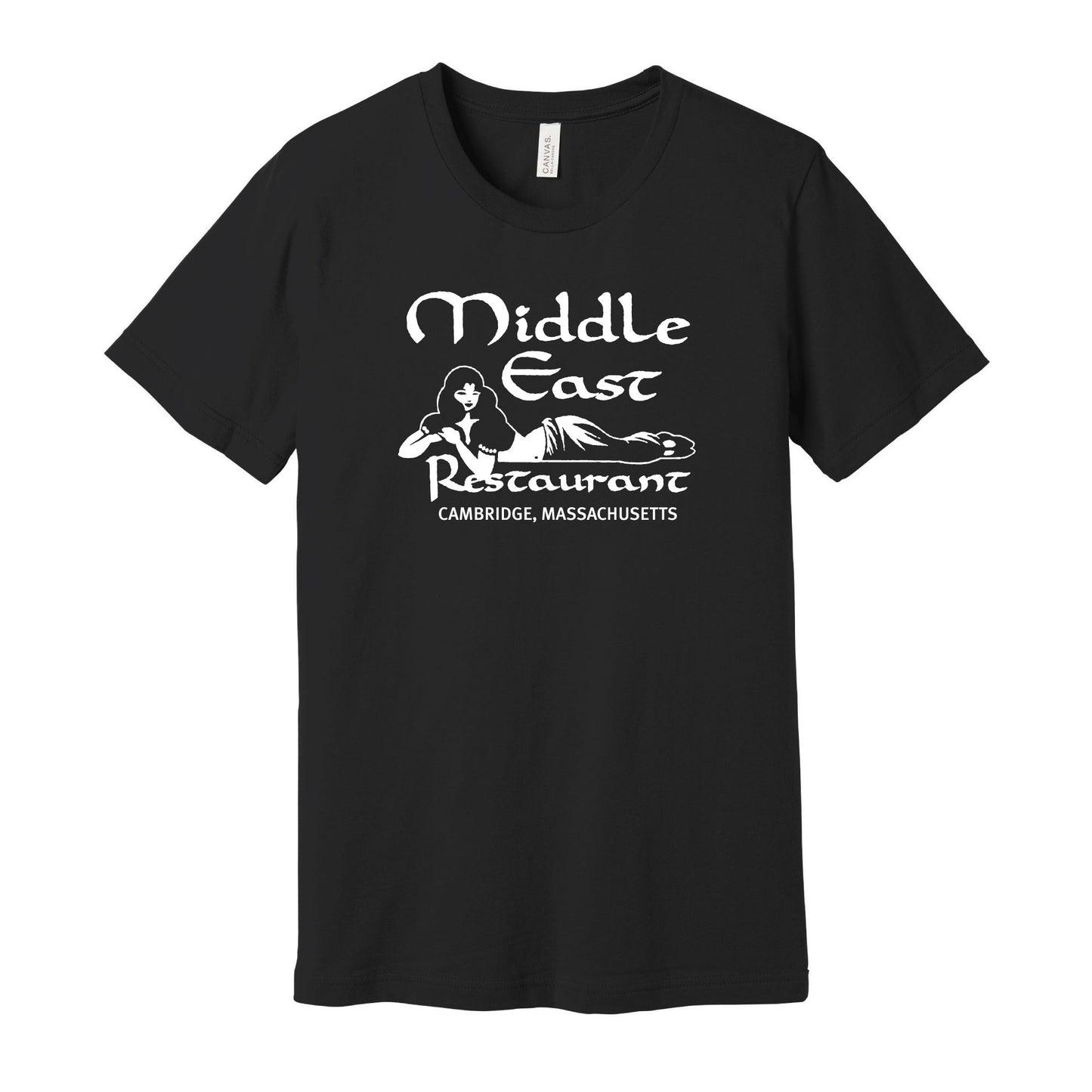 black unisex cotton t-shirt with The logo of The Middle East Restaurant and Nightclub in Cambridge, MA