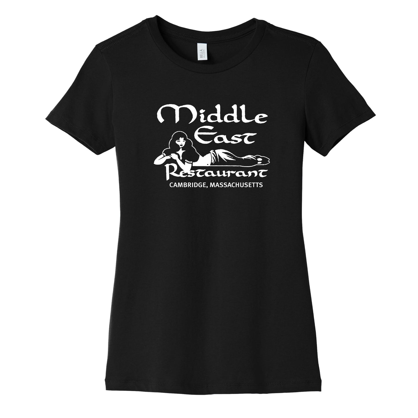 a black, 100% cotton, women's cut t-shirt with a print of the logo of The Middle East Restaurant and Nightclub in Cambridge, MA