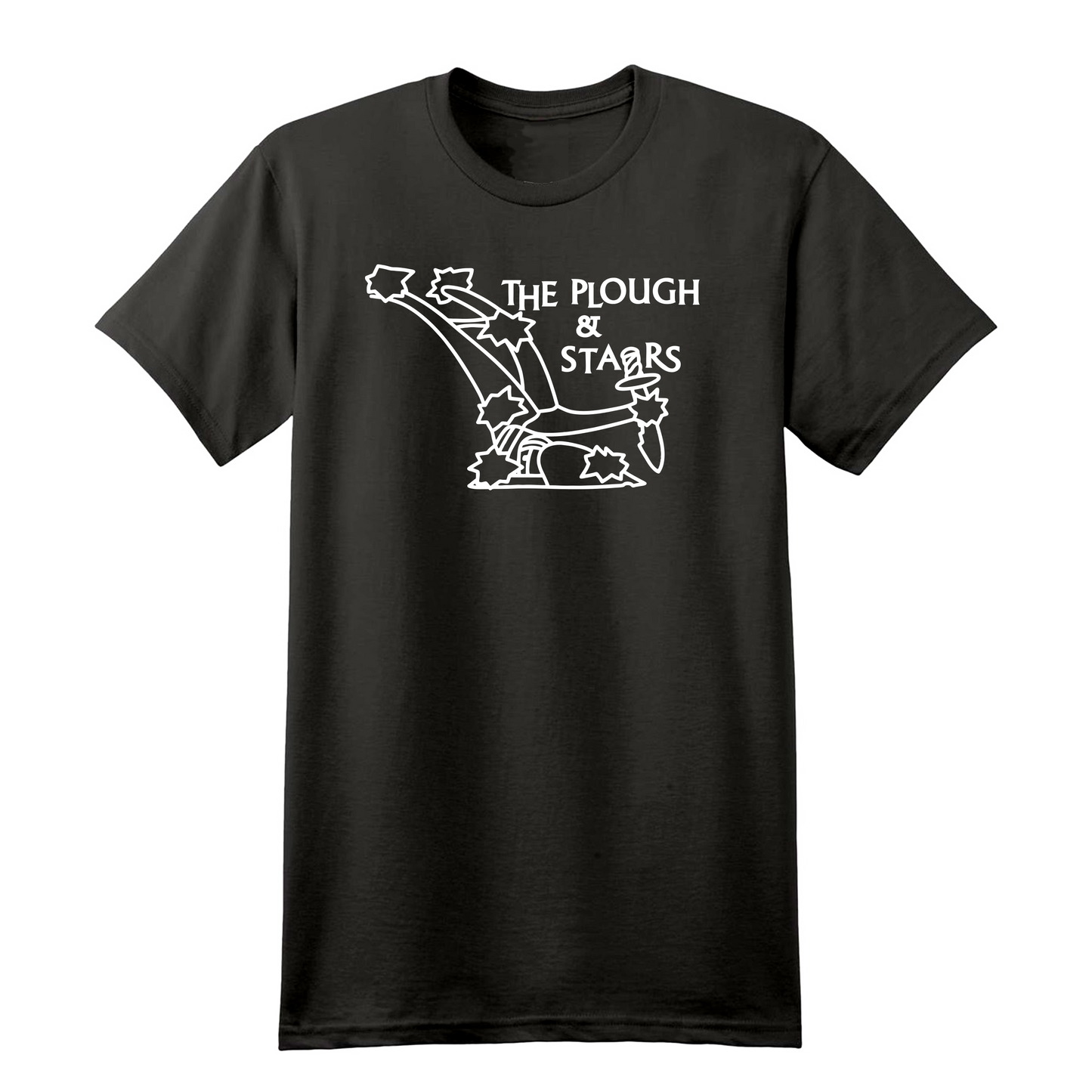 Black cotton t-shirt with a white print of the logo of The Plough and Stars in Cambridge, MA