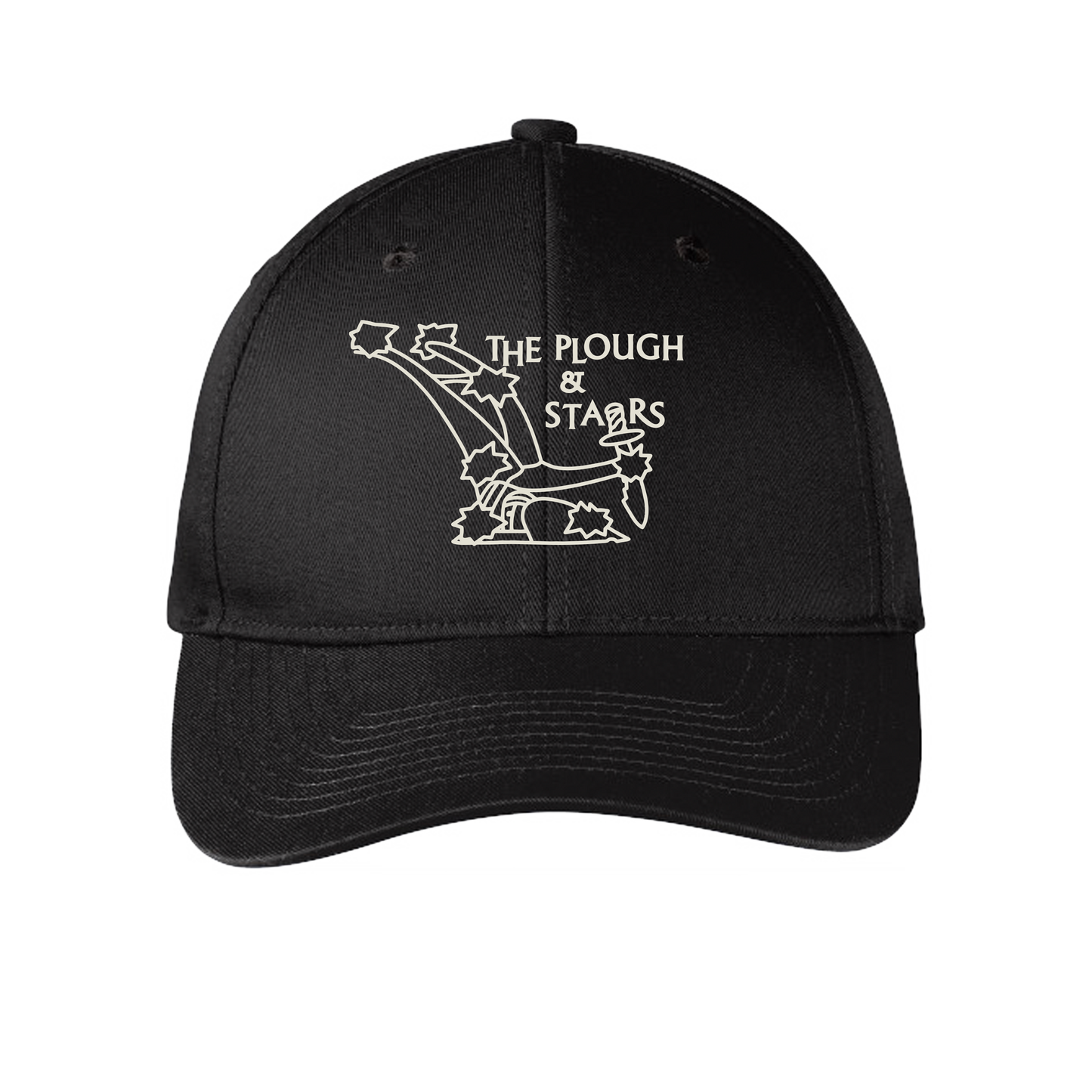 Black 6-panel baseball cap embroidered with the logo of The Plough and Stars in Cambridge, MA