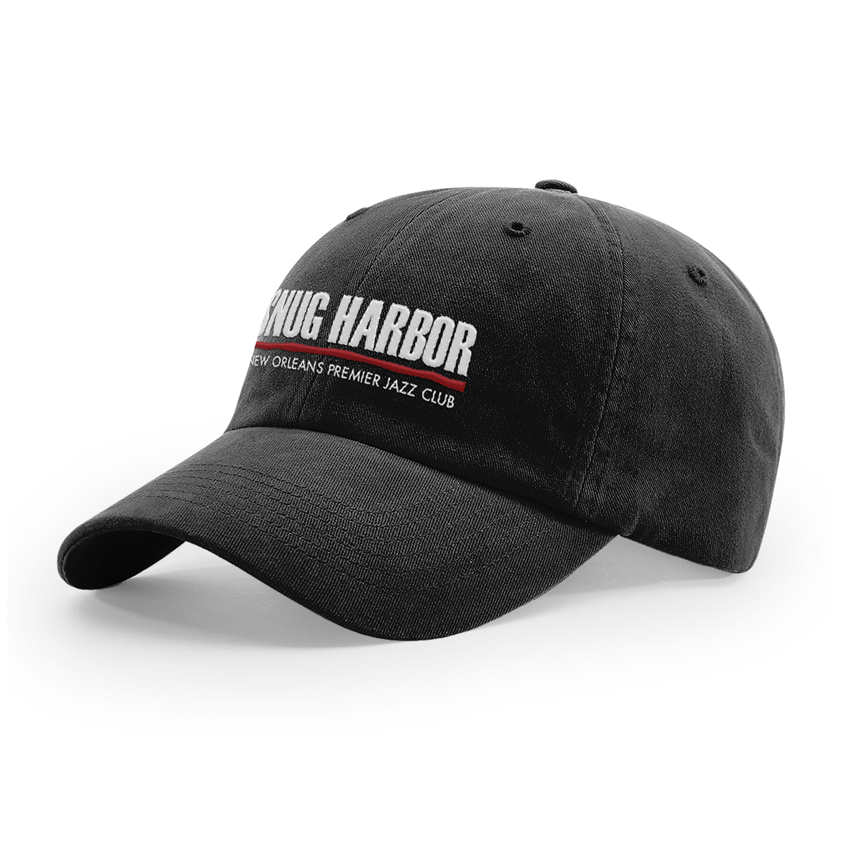 Unstructured black cap embroidered with the logo of Sun Harbor Jazz Bistro, New Orlean's premier jazz club