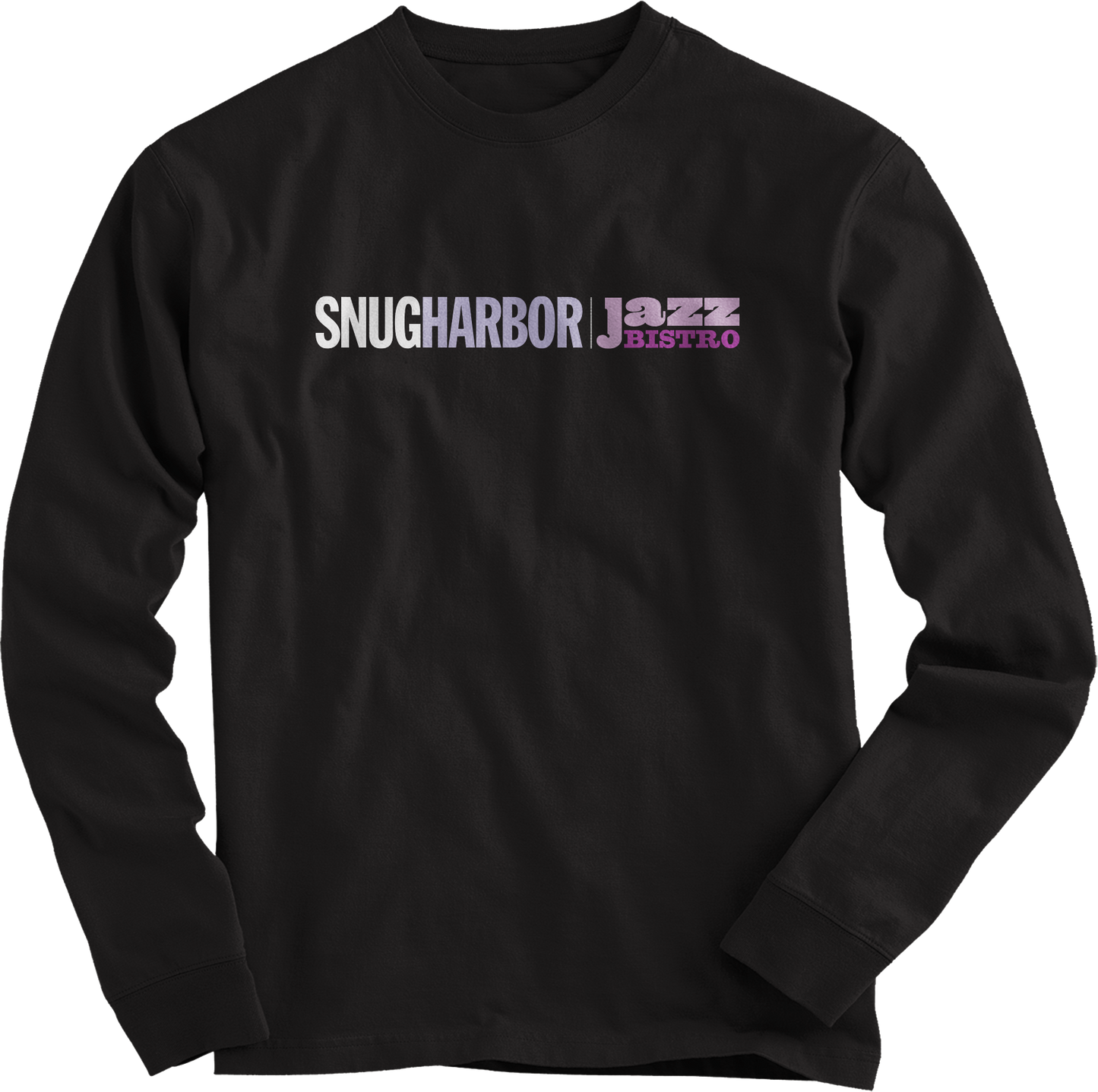long sleeve, black , cotton t-shirt with the logo of Snug Harbor Jazz Bistro printed on the front