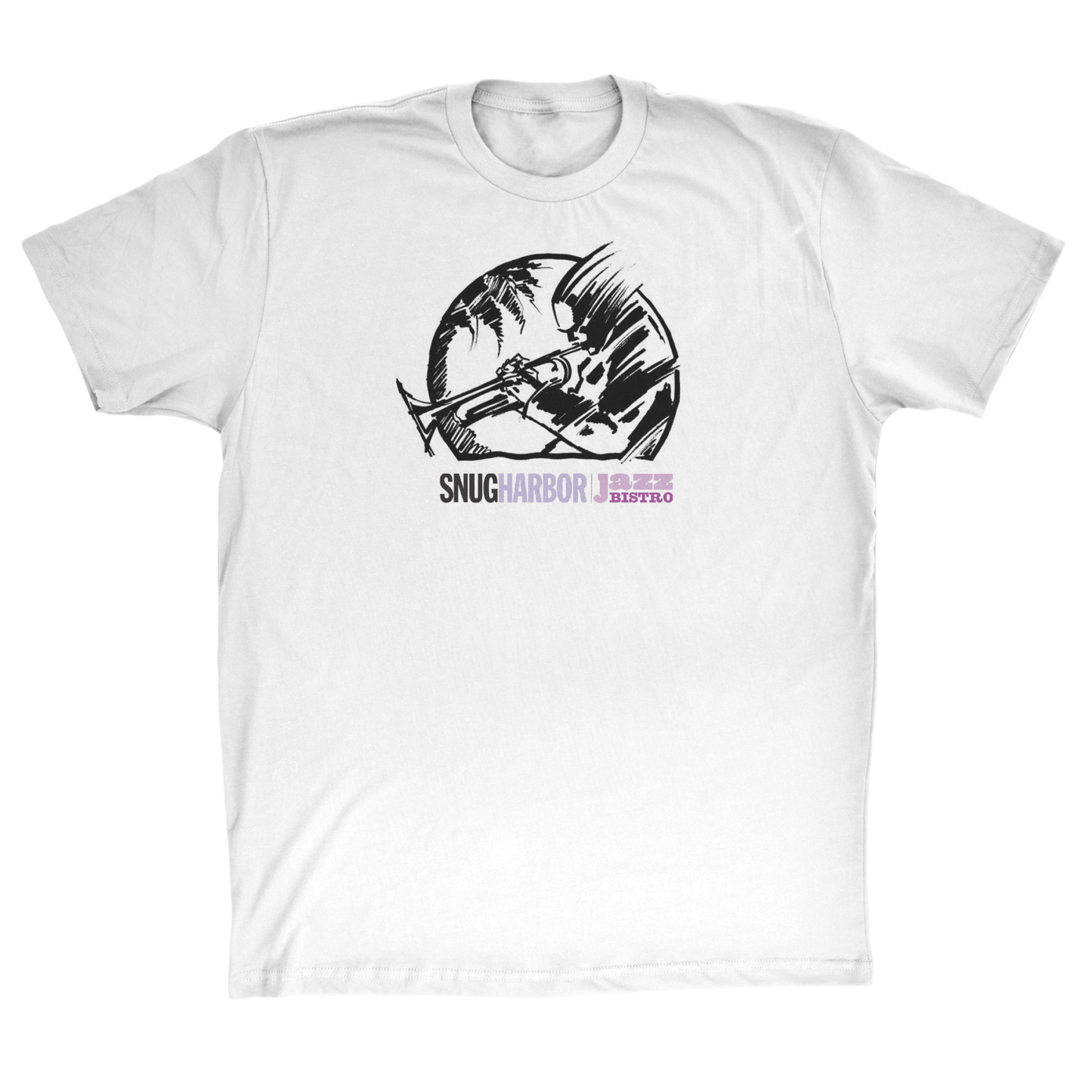 White cotton t-shirt with print of trumpet player in the round, Snug Harbor Jazz Bistro, Frenchmen St., New Orleans