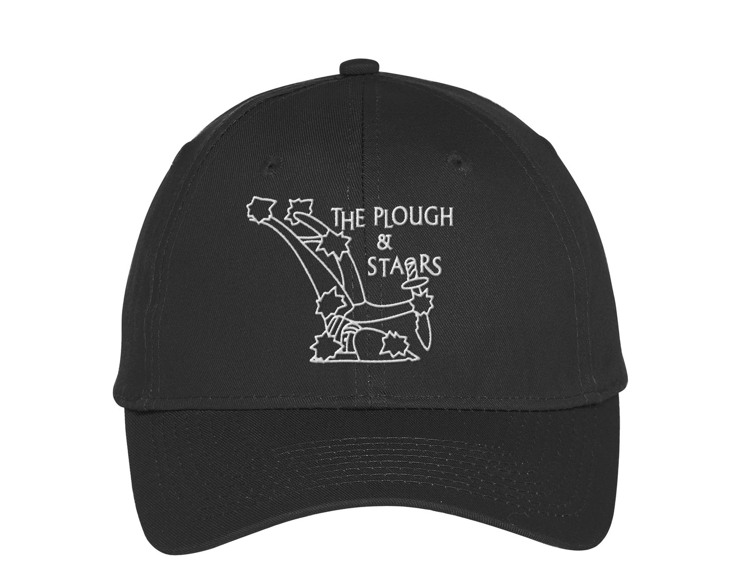 black, unstructured cap embroidered with the logo of The Plough and Stars, Cambridge, MA