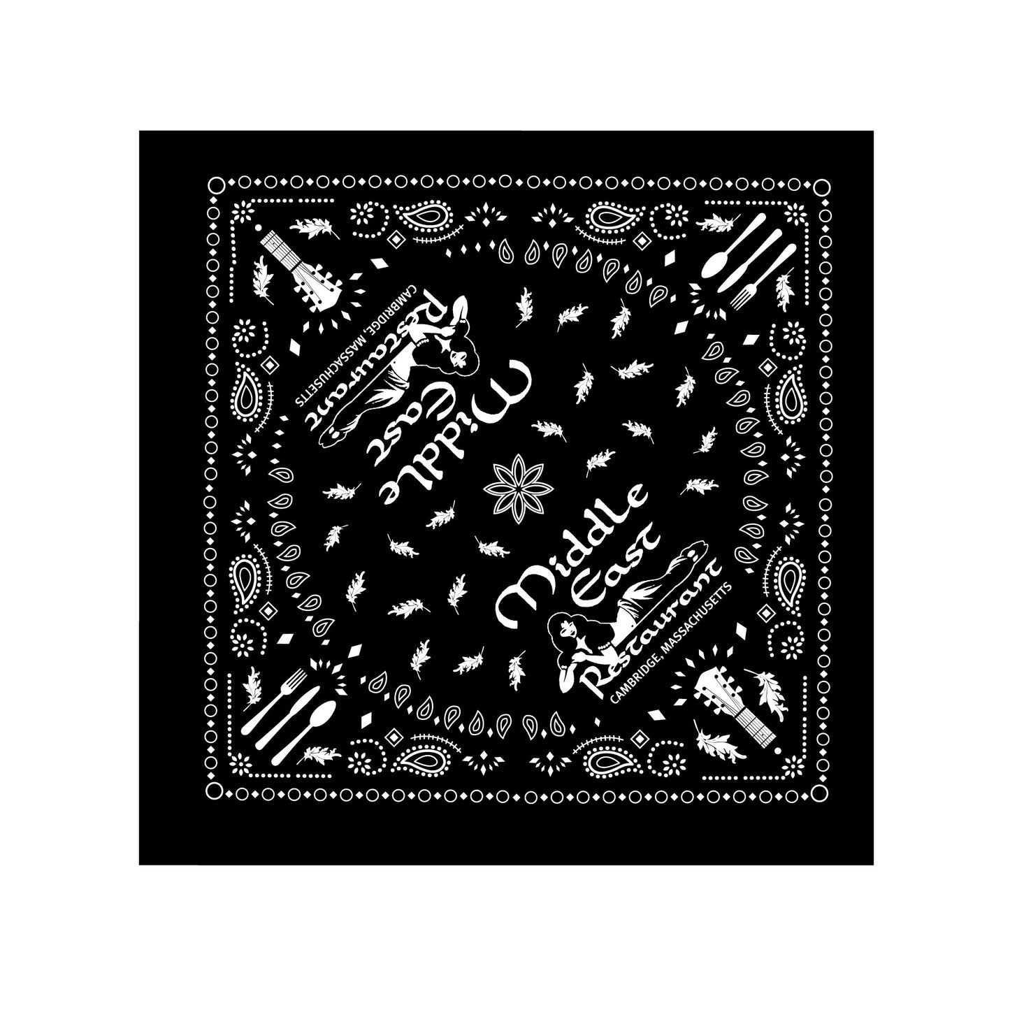 black cotton bandana screen printed with the logo of The Middle East restaurant and nightclub, Cambridge, MA