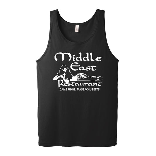 The logo of The Middle East Restaurant and Nightclub in Cambridge, MA on a 4.2 oz., 100% combed and ringspun cotton, unisex , black tank top.