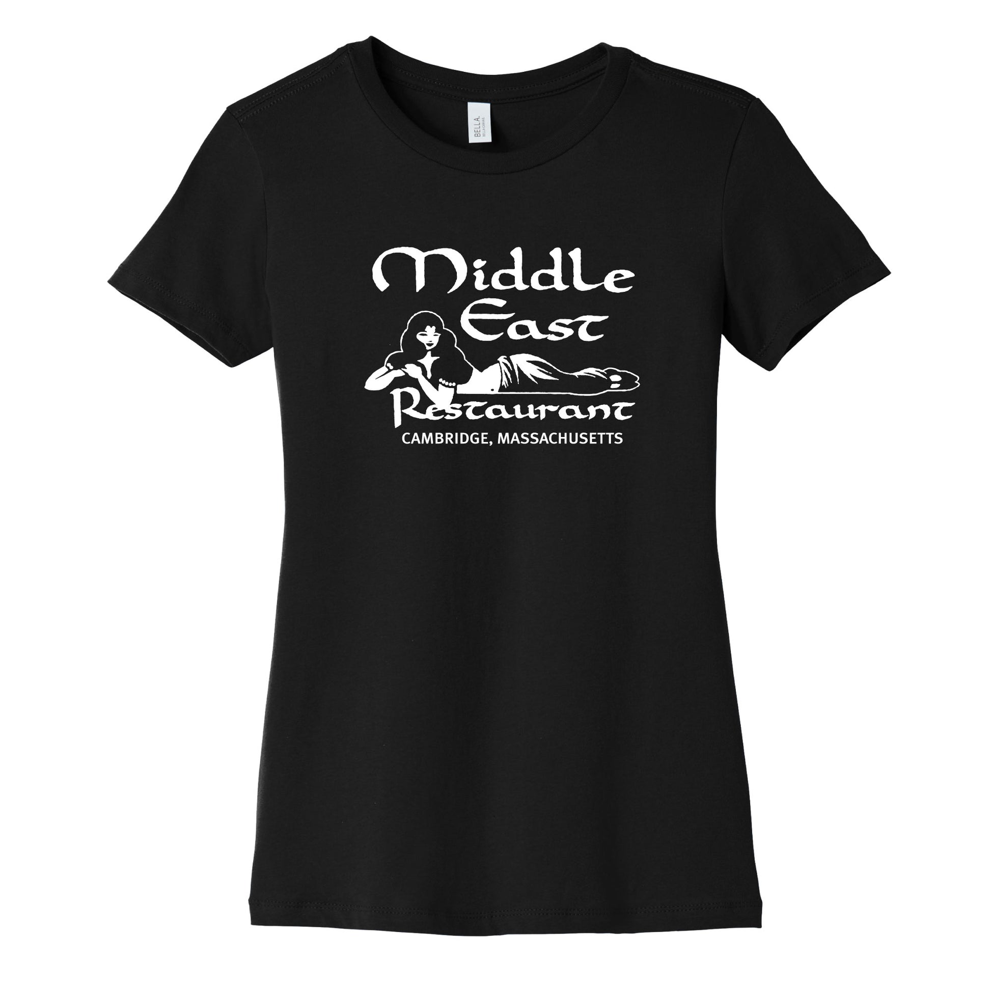 a black, 100% cotton,  women's cut t-shirt with  a print of the logo of The Middle East Restaurant and Nightclub in Cambridge, MA 