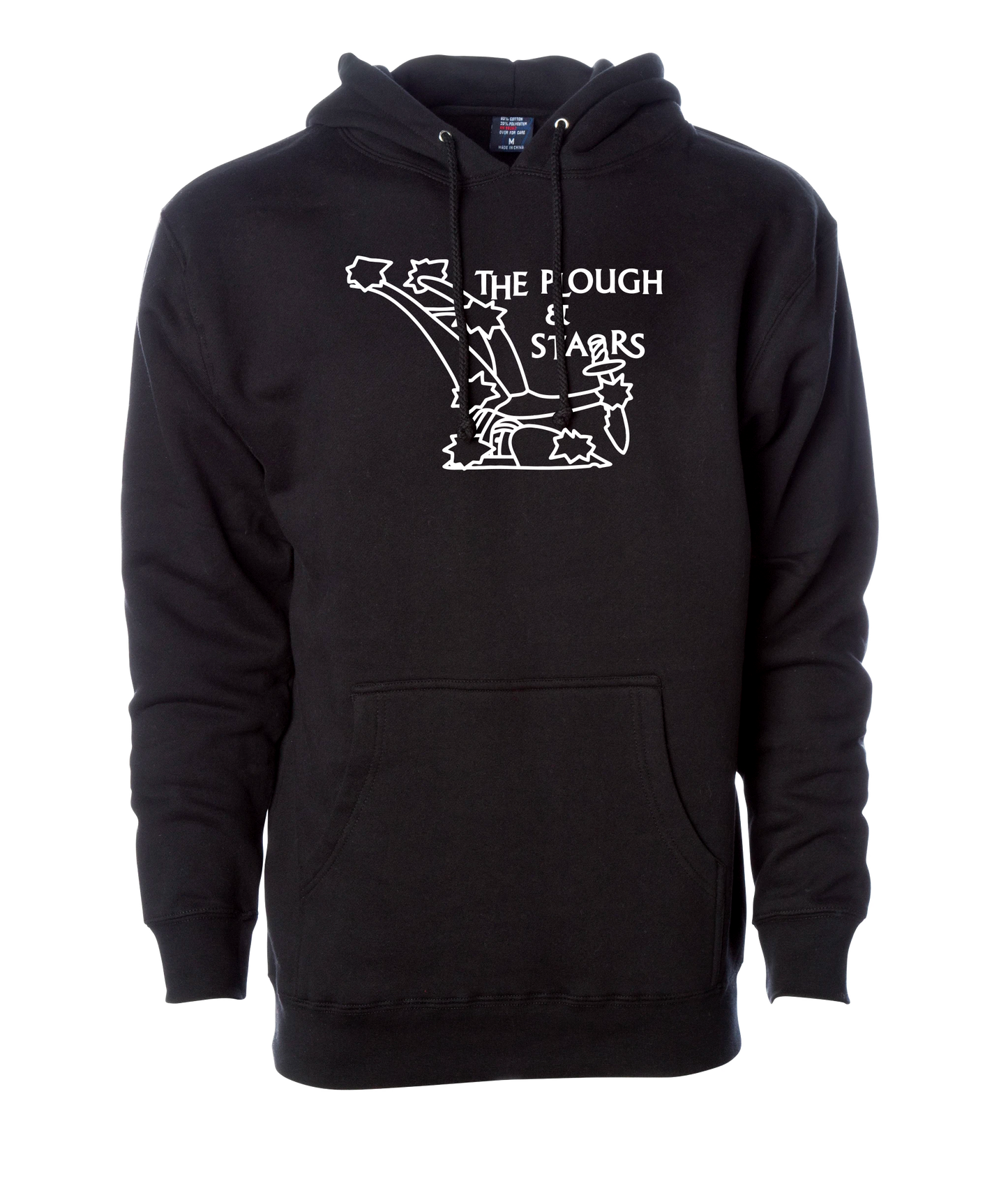 Black pullover hoodie with the logo of The Plough and Stars, Cambridge MA's best pub