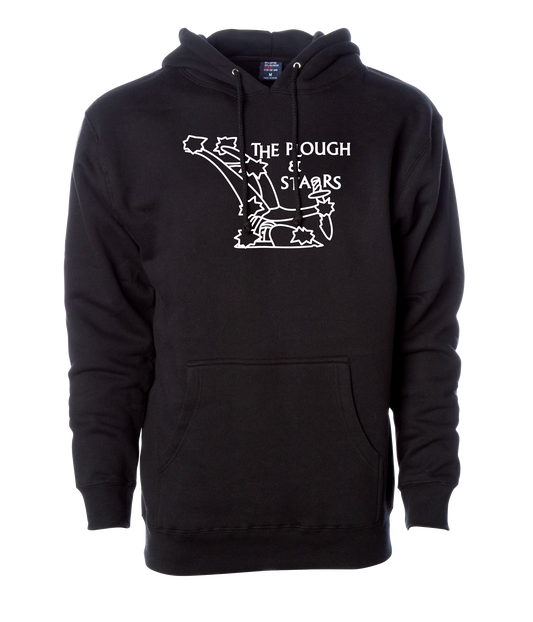 Black pullover hoodie with the logo of The Plough and Stars, Cambridge MA's best pub