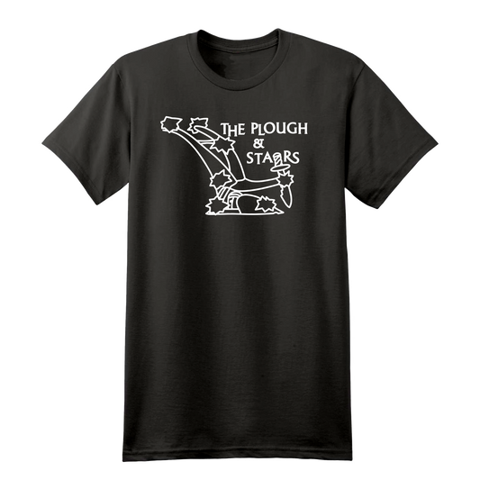 Black cotton t-shirt with a white print of the logo of The Plough and Stars in Cambridge, MA
