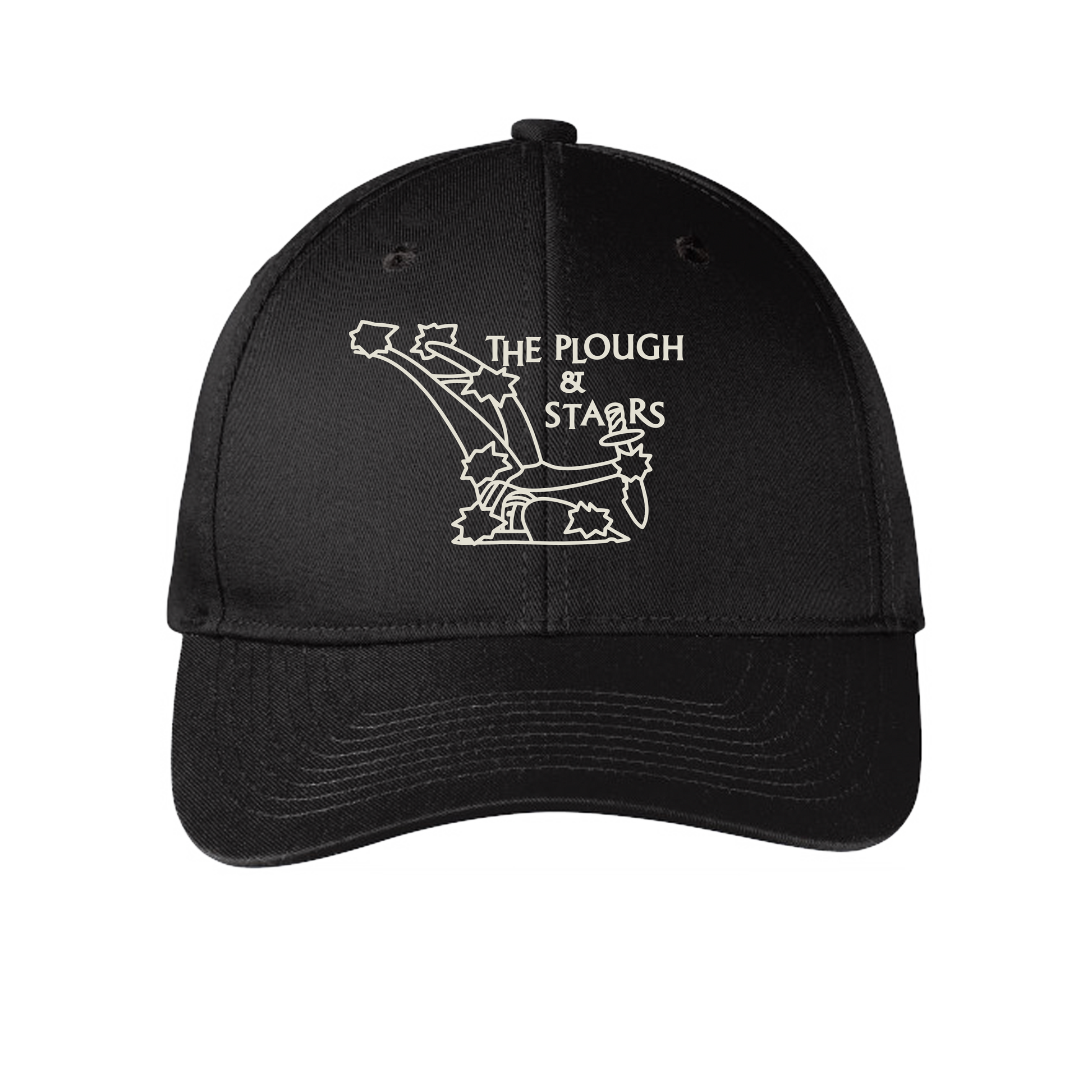 Black 6-panel baseball cap embroidered with the logo of The Plough and Stars in Cambridge, MA