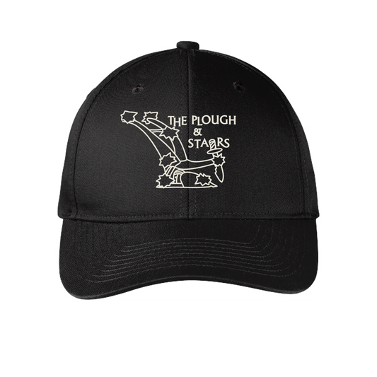 Black 6-panel baseball cap embroidered with the logo of The Plough and Stars in Cambridge, MA