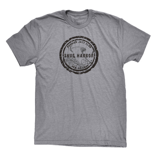 distressed logo in black of Snug Harbor Jazz Bistro, New Orleans on a heather gray unisex t-shirt