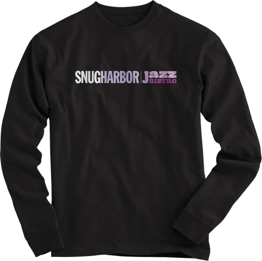long sleeve, black , cotton t-shirt with the logo of Snug Harbor Jazz Bistro printed on the front