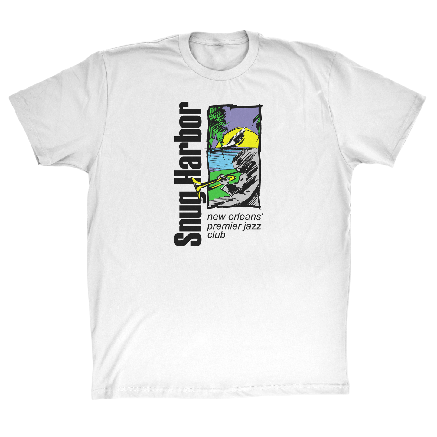 100% cotton, white t-shirt with colorful print of Snug Harbor Jazz Bistro, New Orlean's premier jazz club